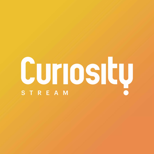 CuriosityStream logo on an orange-yellow gradient background, white text with a small dot