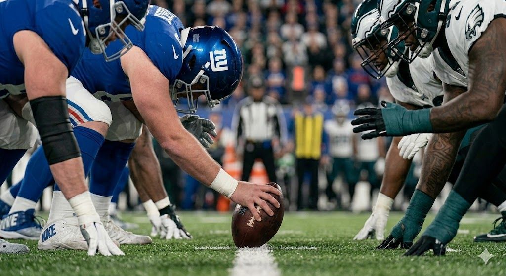 Football players line up at the line of scrimmage, ready for the snap on a grassy field.
