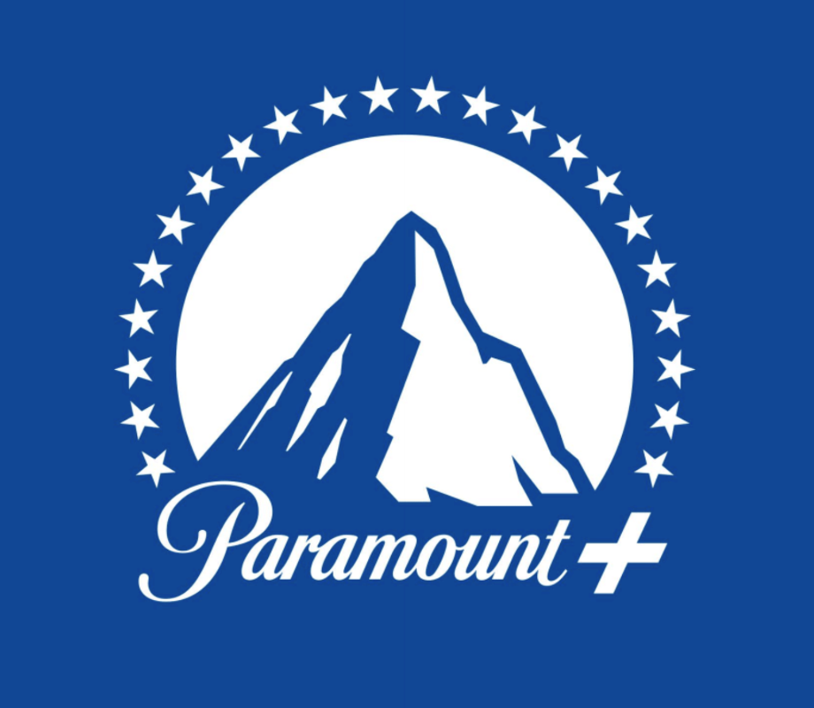 Paramount+ logo with blue mountain, white stars, and white script on blue background