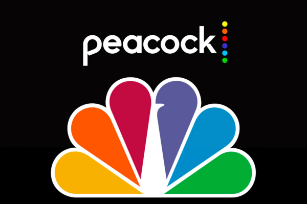 Peacock logo with multicolored fan icon and white “peacock” text on a black background