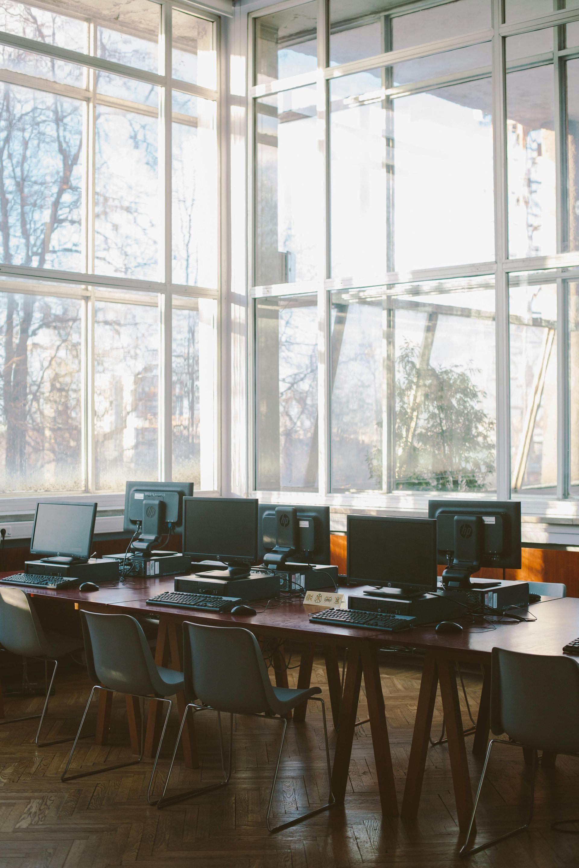 Modern office with desks, computer monitors, and large floor-to-ceiling windows overlooking trees