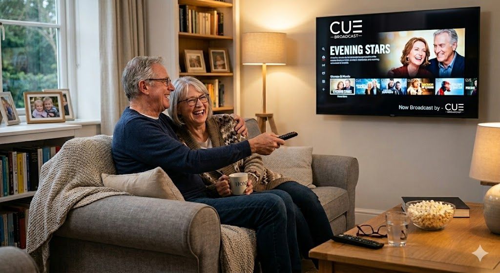 Couple sitting on a sofa watching TV in a cozy living room with a lamp and coffee table.