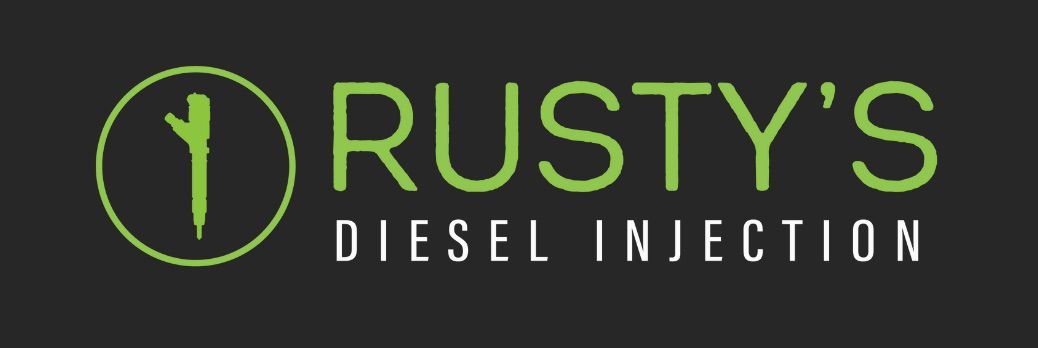 A logo for rusty 's diesel injection on a black background