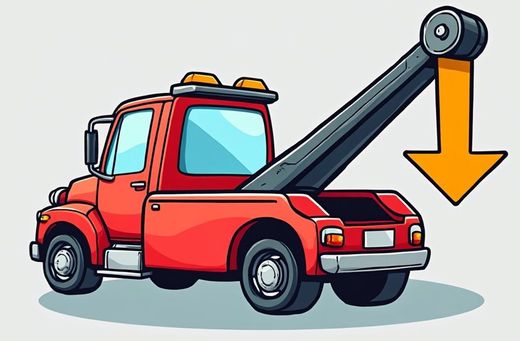 A cartoon illustration of a tow truck with an arrow pointing down.