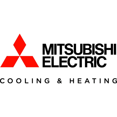 The logo for mitsubishi electric cooling and heating is on a white background.