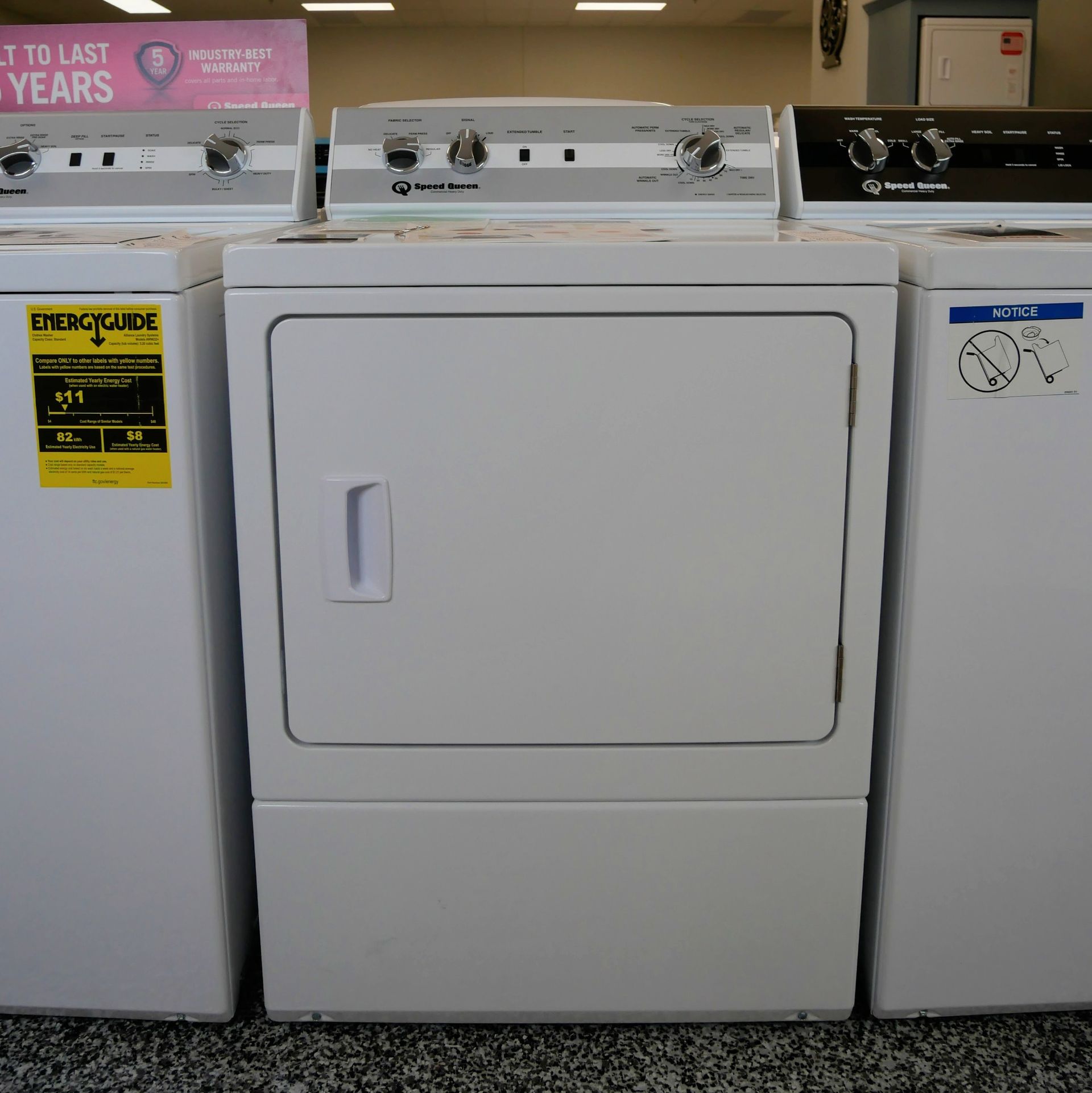 White dryer machine, front view, flanked by two other white appliances, showroom setting.