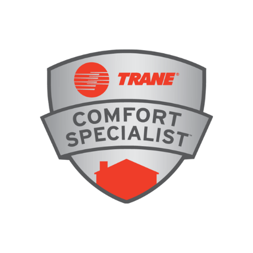 Trane Comfort Specialist logo: silver shield with red Trane logo,