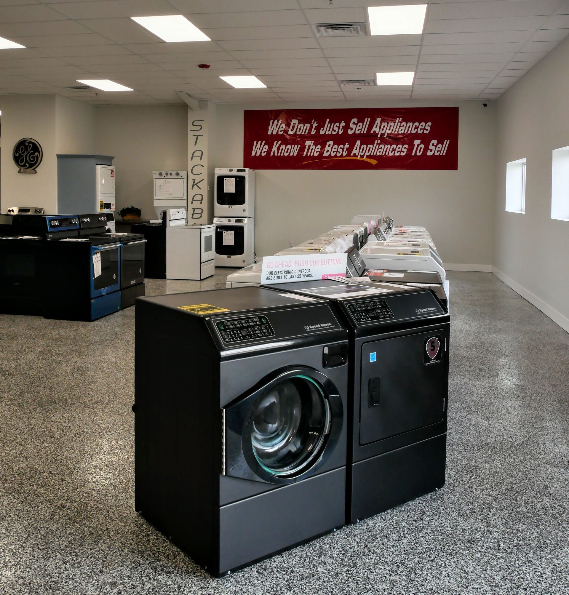 A laundromat with a sign that says