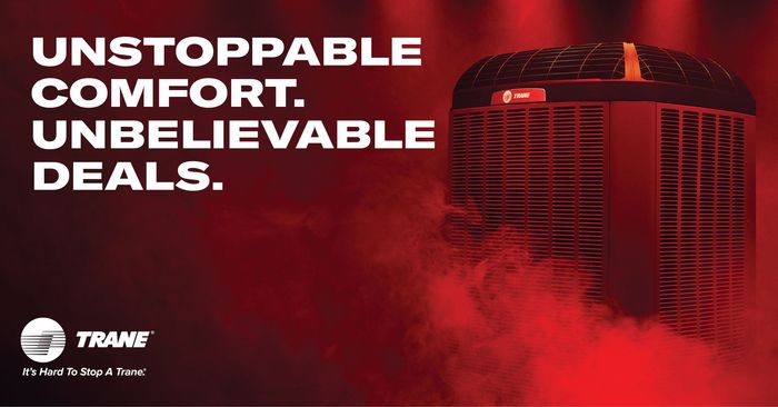 Red advertisement for Trane HVAC. Text: