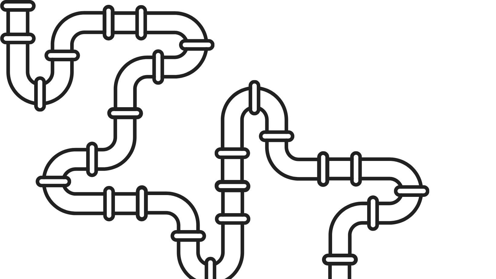 Intertwined black and white pipes with multiple curves and connectors.