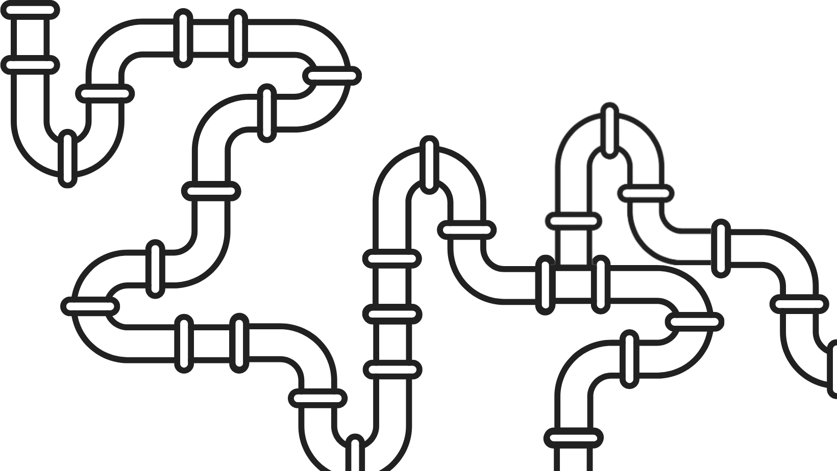 Interlocking pipes, illustrating a complex, winding network with various bends and connections.