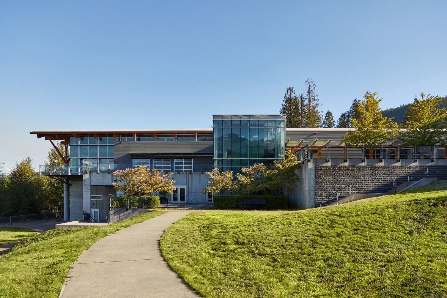 Modern glass-and-stone building with a curved walkway and green lawn under a clear blue sky