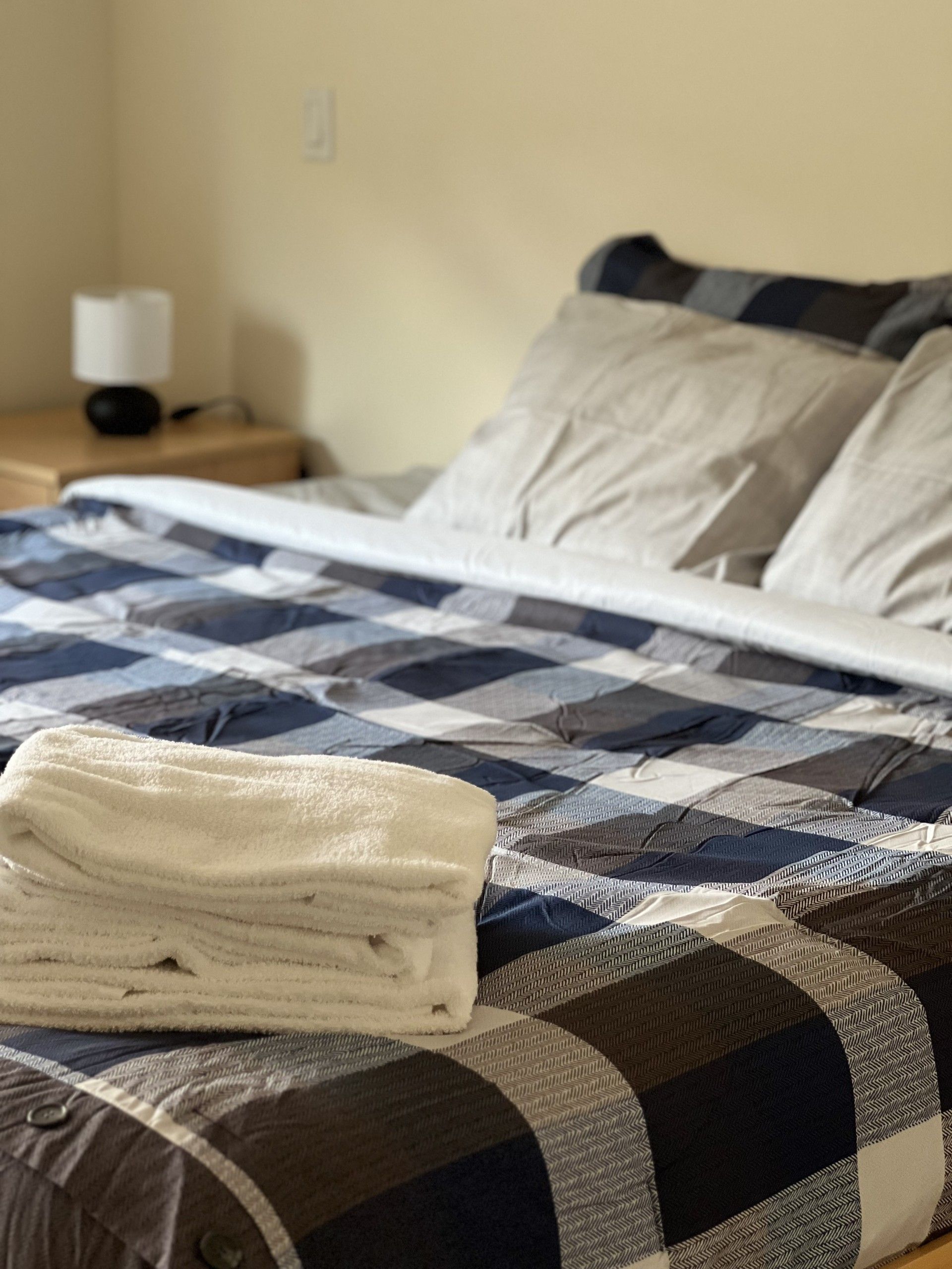 Bed with blue and brown plaid comforter, white folded towels. Side table with lamp.
