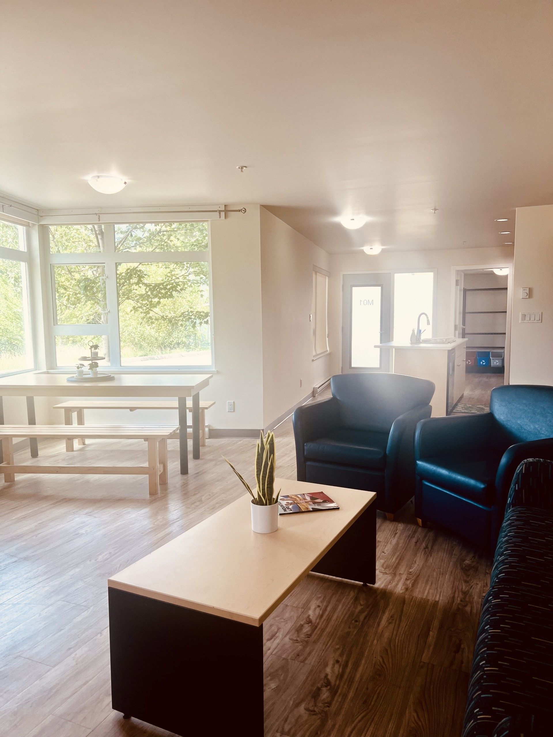 Spacious living room with a dining table, two armchairs, a coffee table, and an open kitchen area.