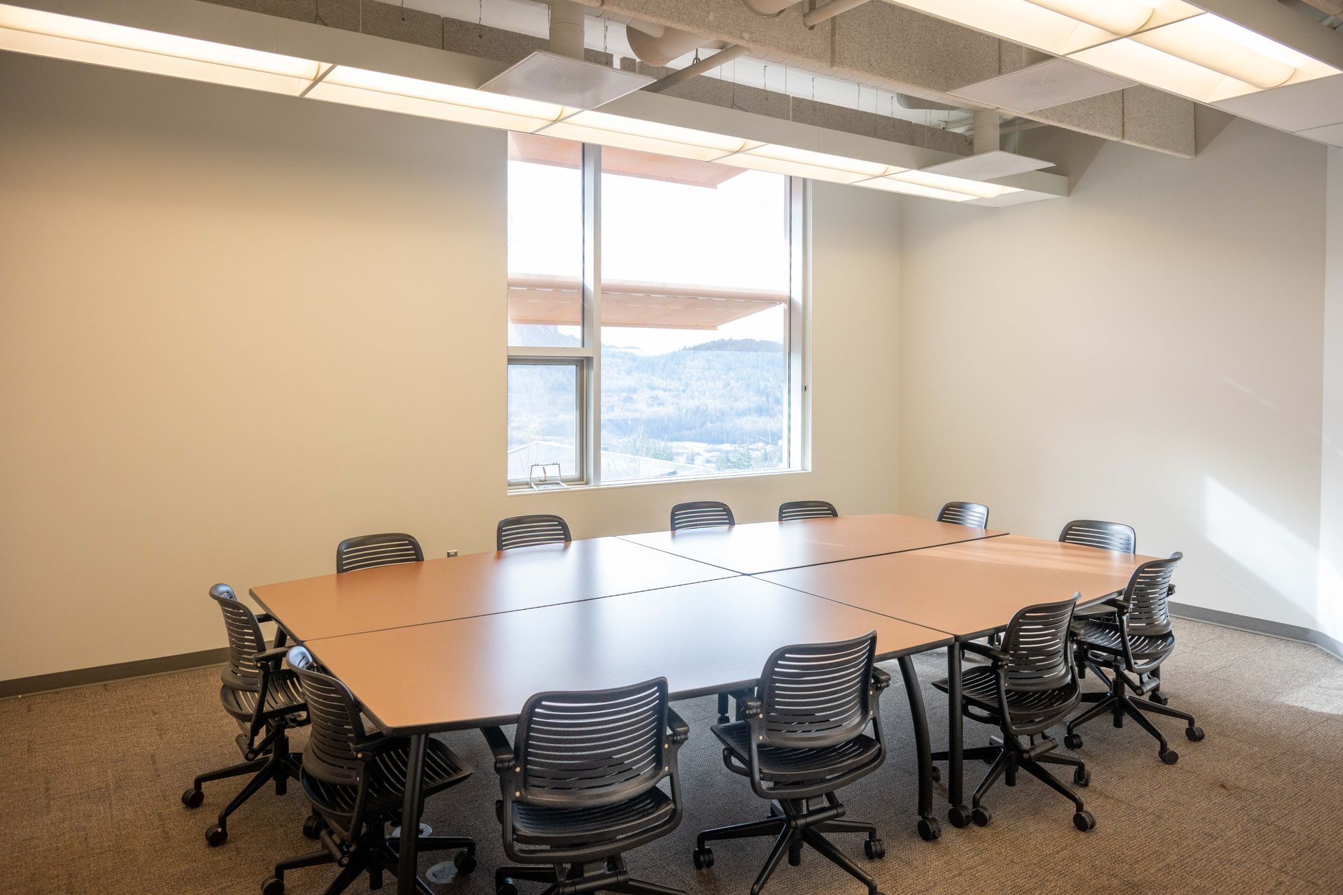 Conference room with long wooden table, black chairs, and a window overlooking mountains