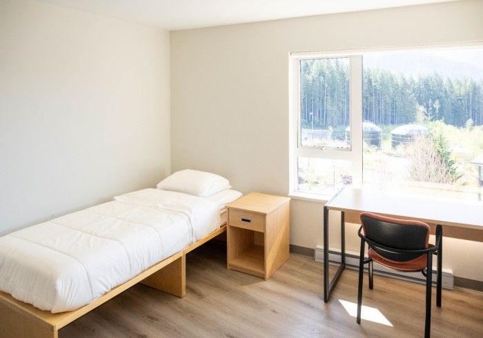 Bedroom with single bed, nightstand, desk, chair, and window with outdoor view.