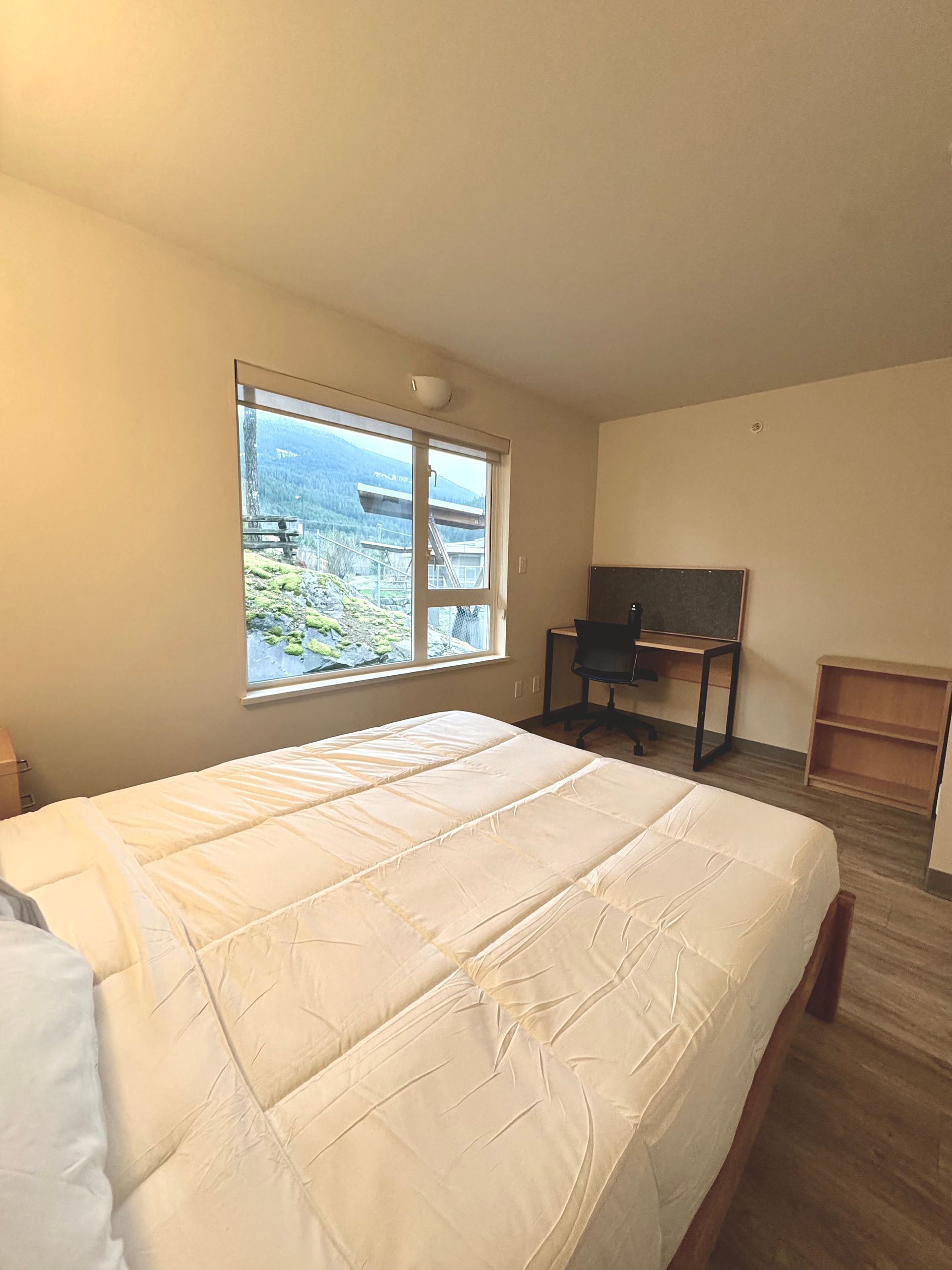 Spare bedroom with bed, desk, shelf, and a window overlooking greenery