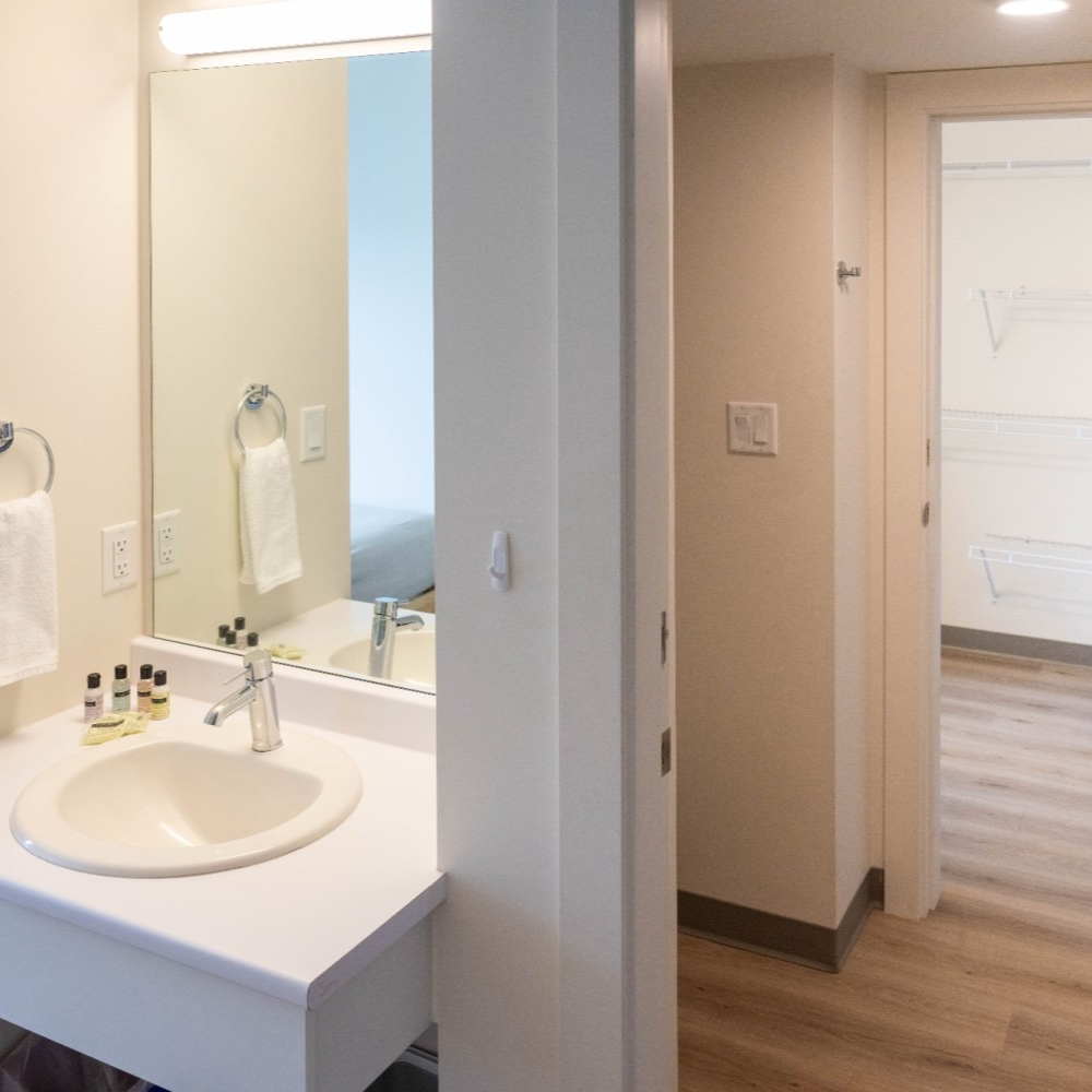 Bathroom with white sink, mirror, and open doorway to closet.