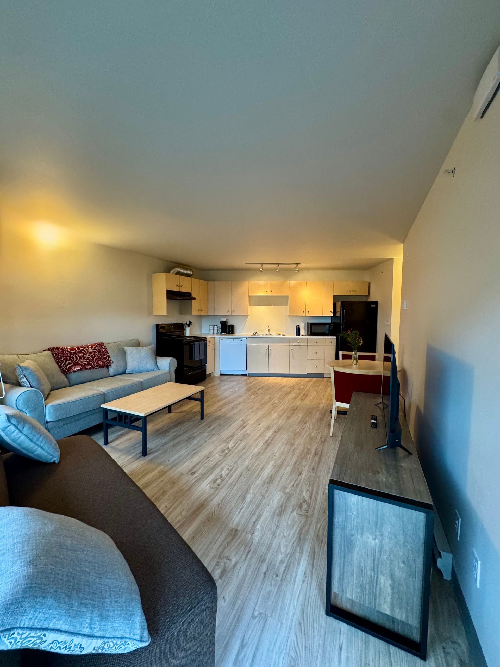 Modern open-plan living room with gray sofa and chairs, wooden floor, and compact kitchen in back