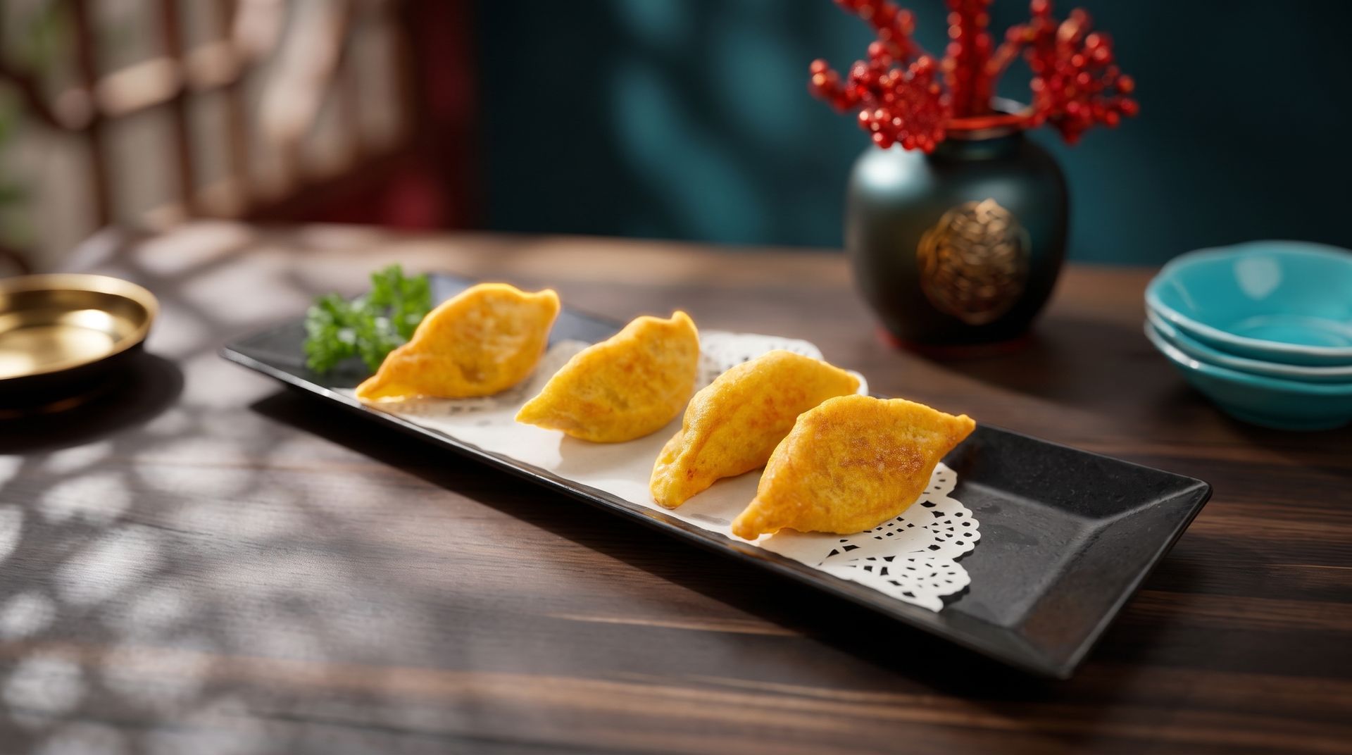 Four golden fried appetizers on a black platter with sauce and a teal bowl on a wooden table