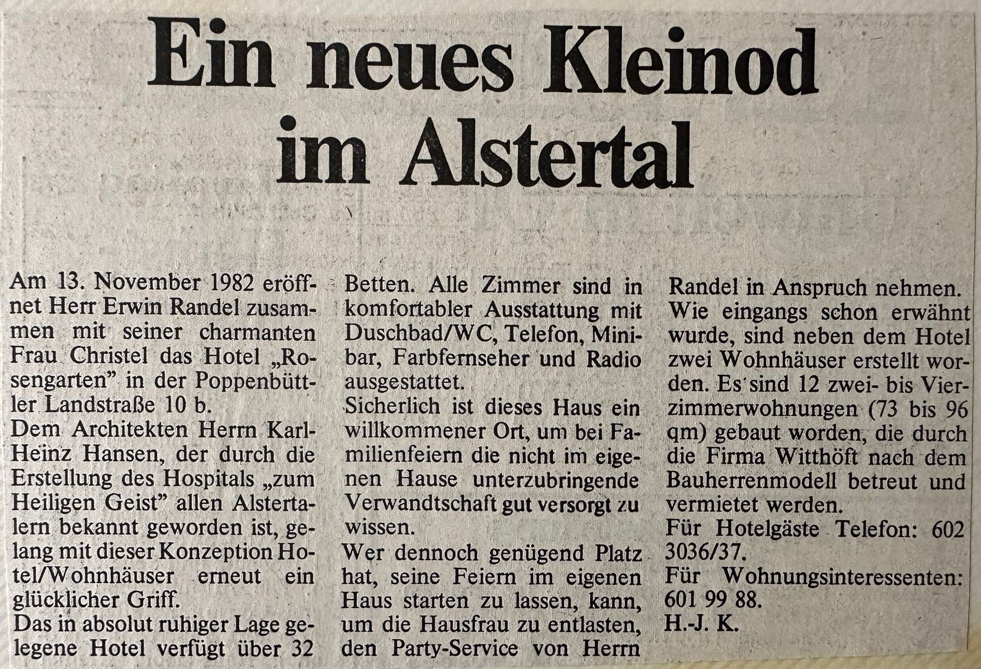 Zeitungsartikel über die Neueröffnung des Hotel Rosengarten Hamburg im schönen Alstertal