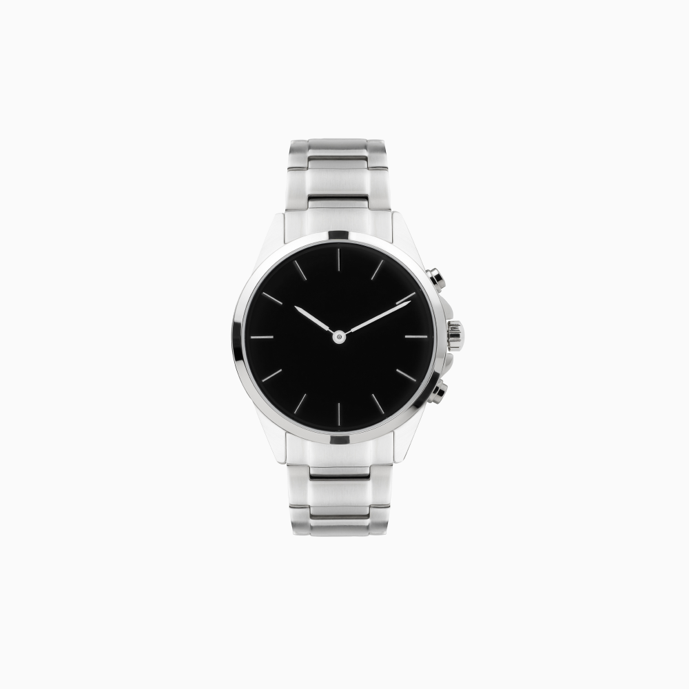 Silver watch with a black face and a metal band.