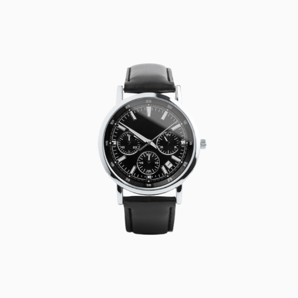 Black and silver wristwatch with black leather band on white background.