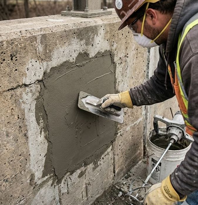 Worker troweling wet concrete patch on a cracked cinder block wall at a construction site
