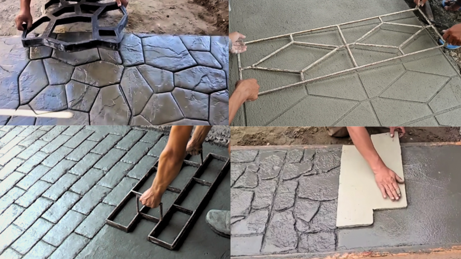 Hands demonstrating outdoor paving stone layouts and tile installation on a ground surface.