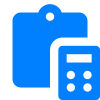 A blue icon of a wallet and a calculator on a white background.