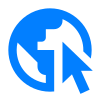 Un logo bleu et blanc avec un pointeur de souris dans un cercle.