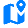 Une carte bleue avec une épingle dessus sur un fond blanc.