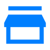 Une icône bleue d'un magasin avec un auvent bleu sur fond blanc.