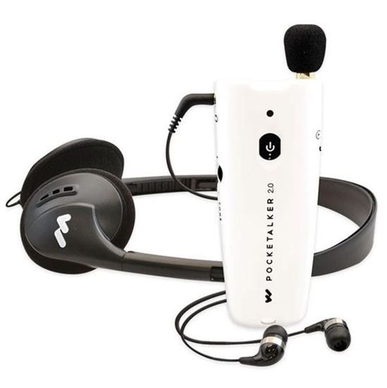 White Pocketalker 20 hearing amplifier with black headset and earbuds on a white background