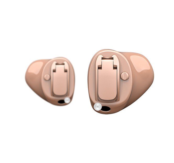 A photo of a completely-in-the-canal hearing aid.