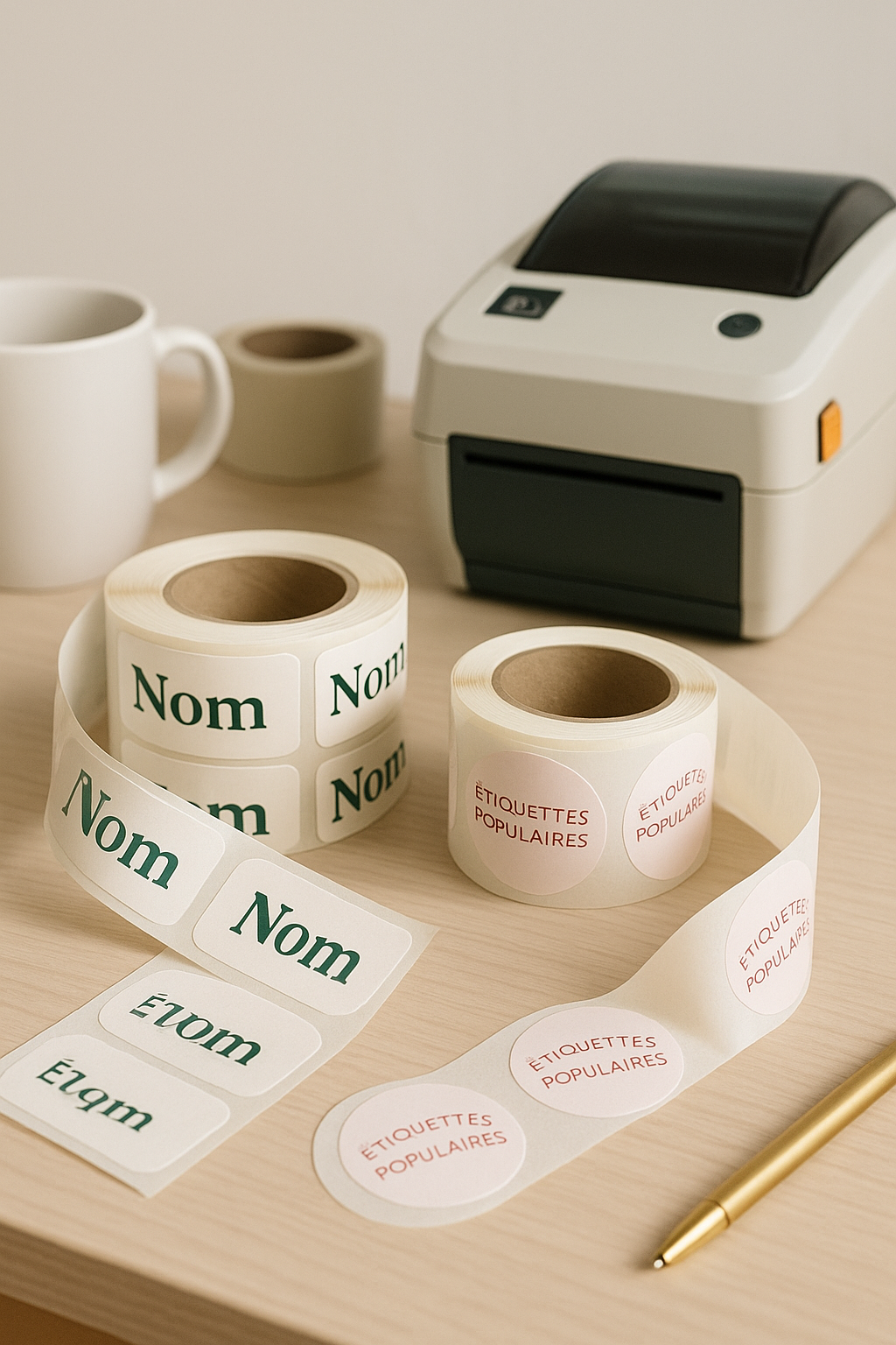 Étiqueteuse avec rouleaux d'étiquettes imprimées, tasse et stylo sur une surface en bois clair.