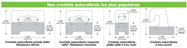 Schéma de quatre crochets auto-adhésifs avec dimensions en pouces/millimètres.