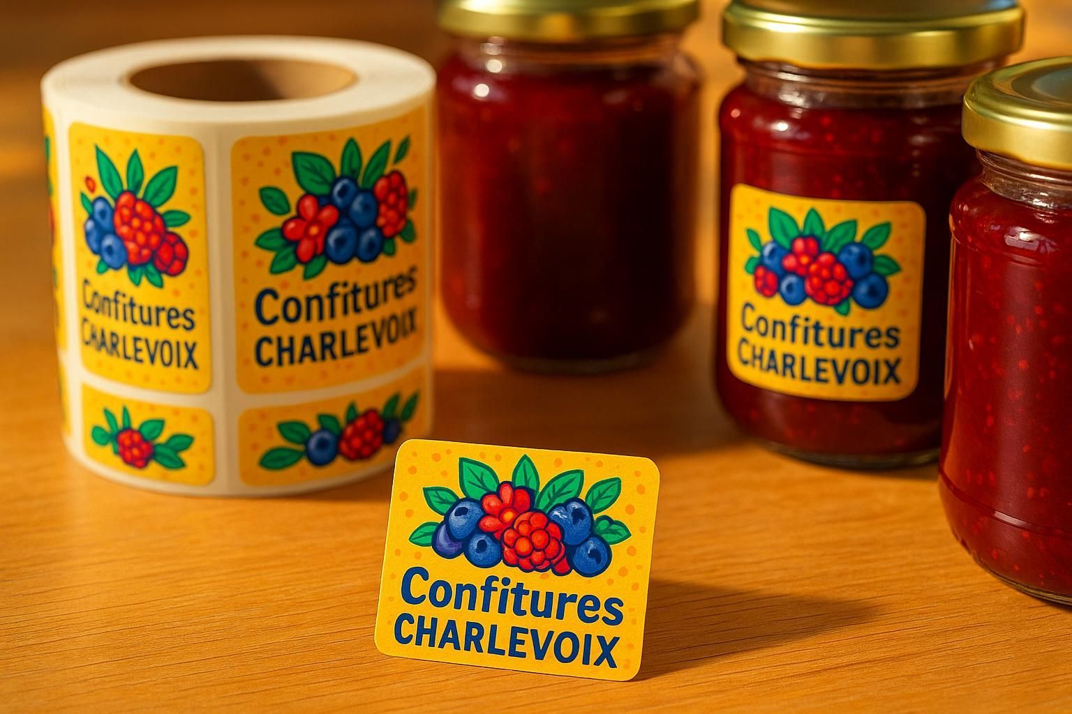 Rouleau d'étiquettes et pots de confiture portant le logo « Confitures Charlevoix ». Les pots ont des couvercles dorés, la confiture est rouge.