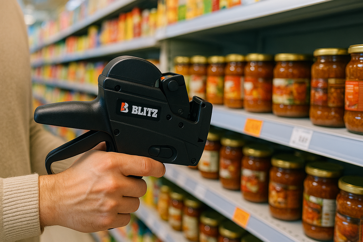 Main tenant une étiqueteuse noire, étiquetant des bocaux de nourriture sur une étagère de supermarché.