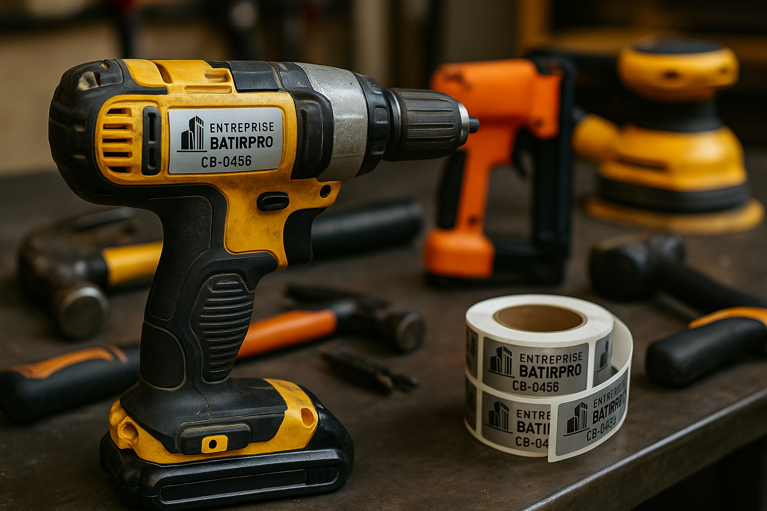 Une perceuse électrique jaune et noire, un rouleau d'étiquettes et divers outils d'atelier sont posés sur un établi.