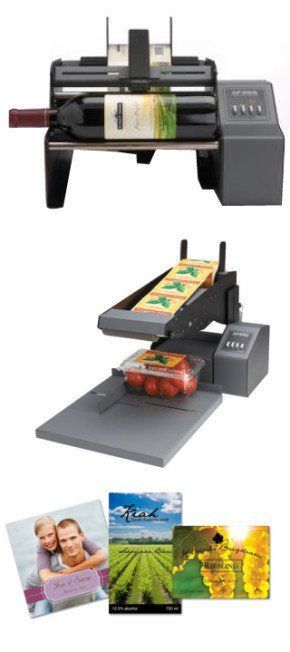 Machines d'étiquetage : bouteilles de vin, tomates emballées et cartes illustrées.