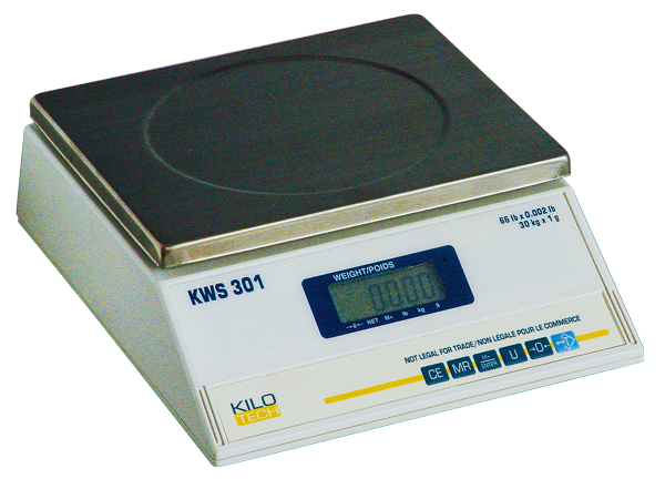 Balance numérique, modèle KWS 301, avec un plateau en acier inoxydable et un écran LCD, boîtier blanc.