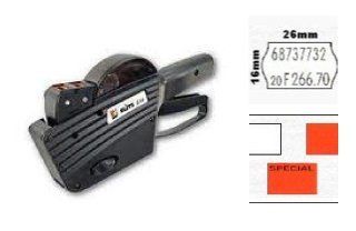 Étiqueteuse de prix noire avec exemples d'étiquettes : chiffres et texte « SPÉCIAL ».