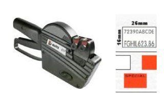 Pistolet étiqueteur avec étiquette d'exemple indiquant le code produit et le prix.