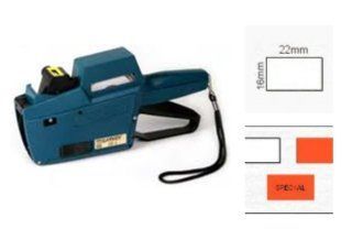 Étiqueteuse de prix portative bleue, avec schéma des dimensions des étiquettes et exemples d'étiquettes.