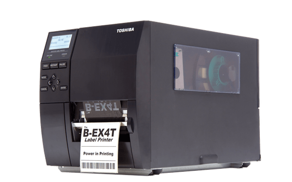 Imprimante d'étiquettes Toshiba B-EX4T noire imprimant un code-barres.