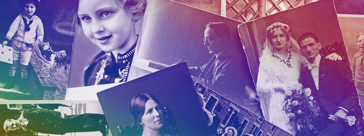 A collage of old photographs of people , including a bride and groom.