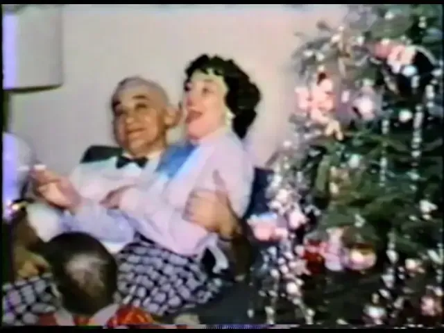 A man and woman are sitting in front of a Christmas tree.
