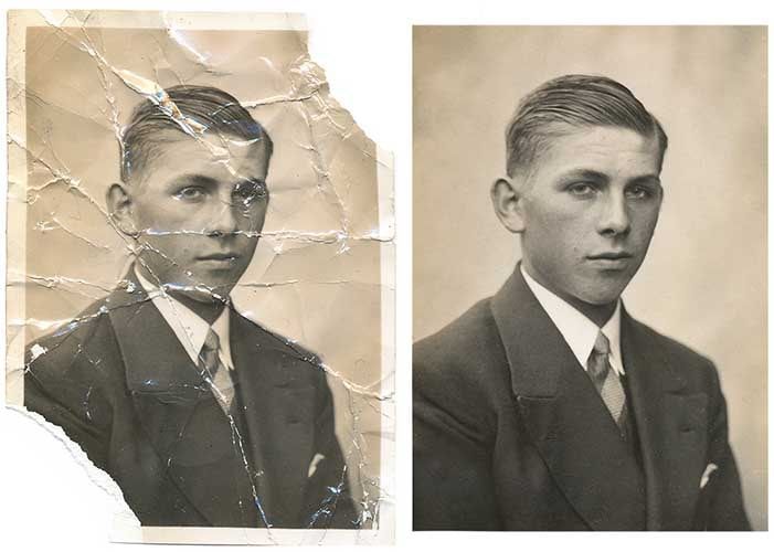 A black and white photo of a man in a suit and tie, before and after photo restoration.