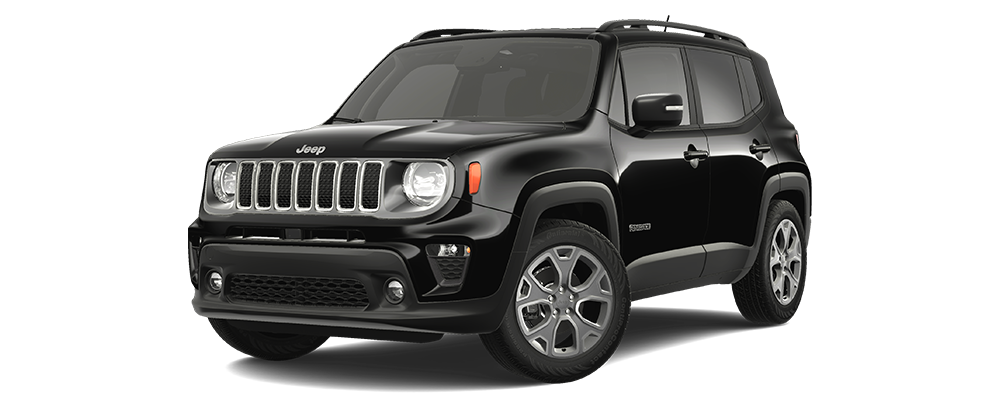 A black jeep renegade is shown on a white background.